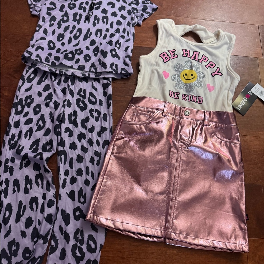Girls' Leopard Print Pajama Set and Metallic Skirt Outfit